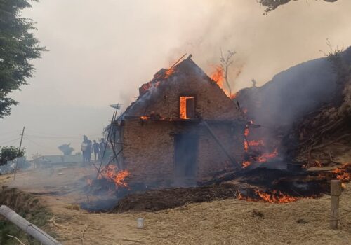 सल्यानमा जङ्गलमा लागेको आगो बस्तीमा पस्दा दुई घर जलेर नष्ट